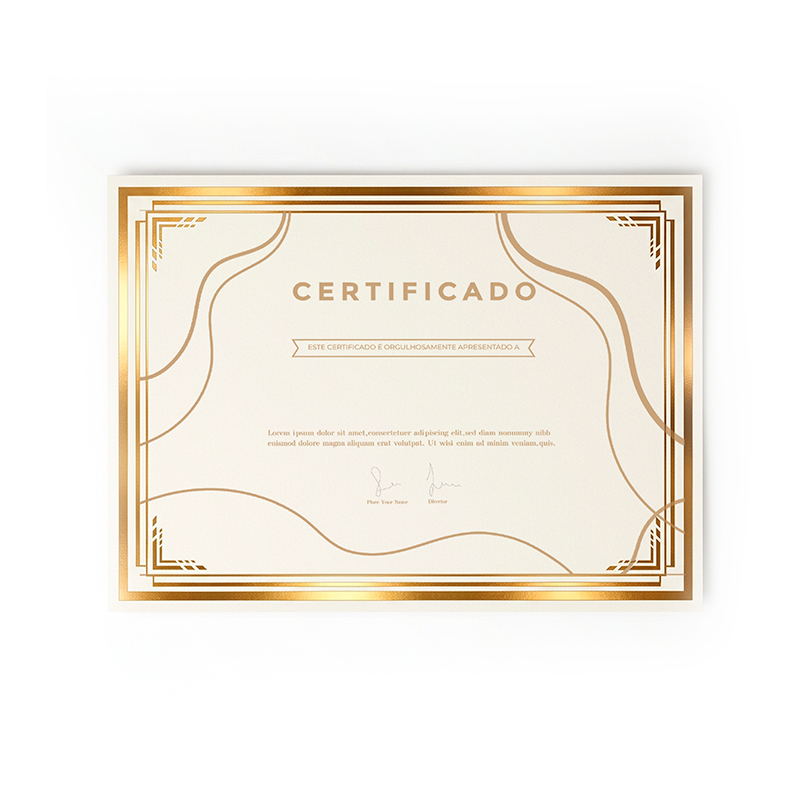 Certificado Papel Especial com Borda Dourada Premium. 21x29,7cm.